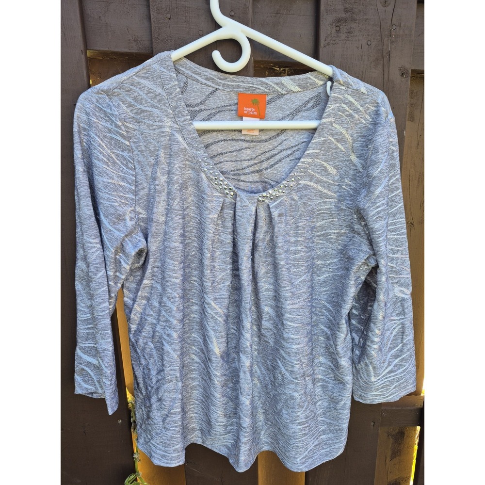 Hearts of Palm Womens Silver Metallic Tunic Top Size M Embellished Neck EUC